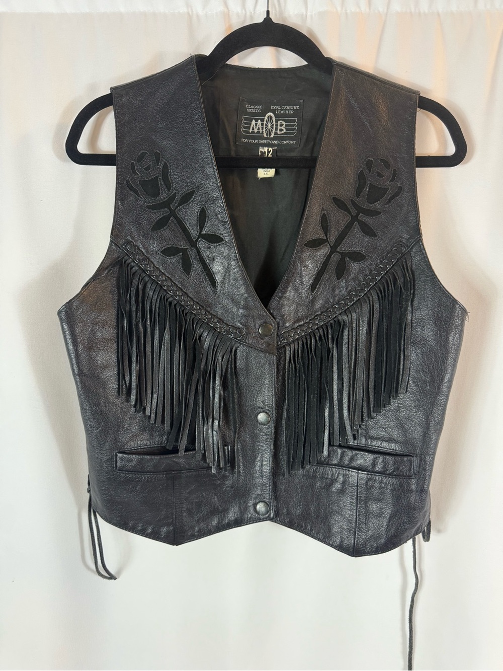 vintage MOB Classic Series 100% Genuine Leather Western Fringe Biker Vest SZ:12